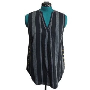 A New Day Women's Linen Blend Black White Striped Sleeveless Tunic‎ Top Size M
